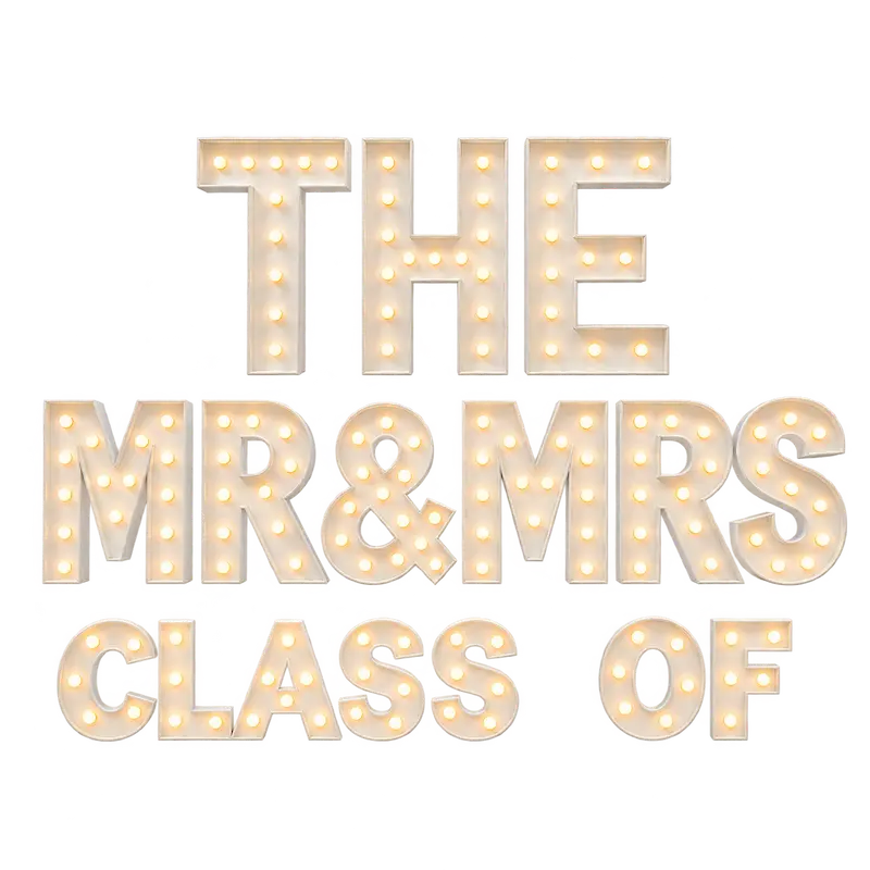 1-foot marquee letter toppers featuring THE, MR & MRS, and CLASS OF with warm white bulbs