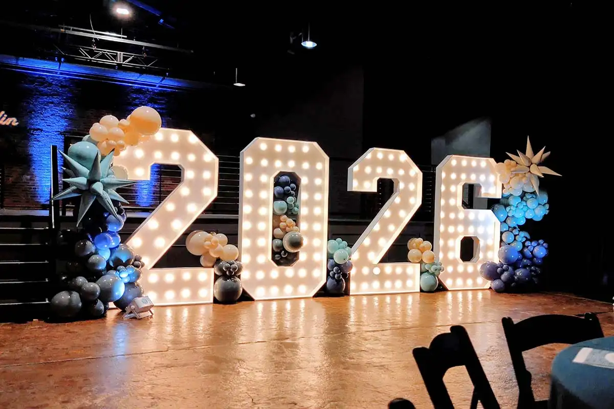 2026 grad marquee letters with balloons at The Factory at Franklin