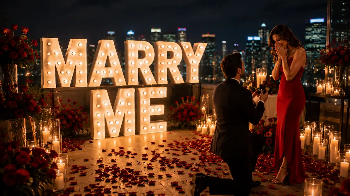 Man proposing with ring beside 4ft stacked MARRY ME marquee letters and candles in Nashville