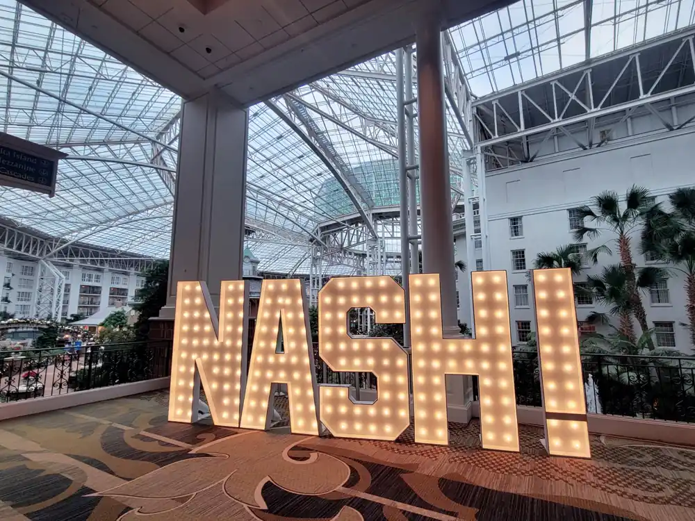 "Nash!" marquee letters Nashville corporate event at Gaylord Opryland Hotel