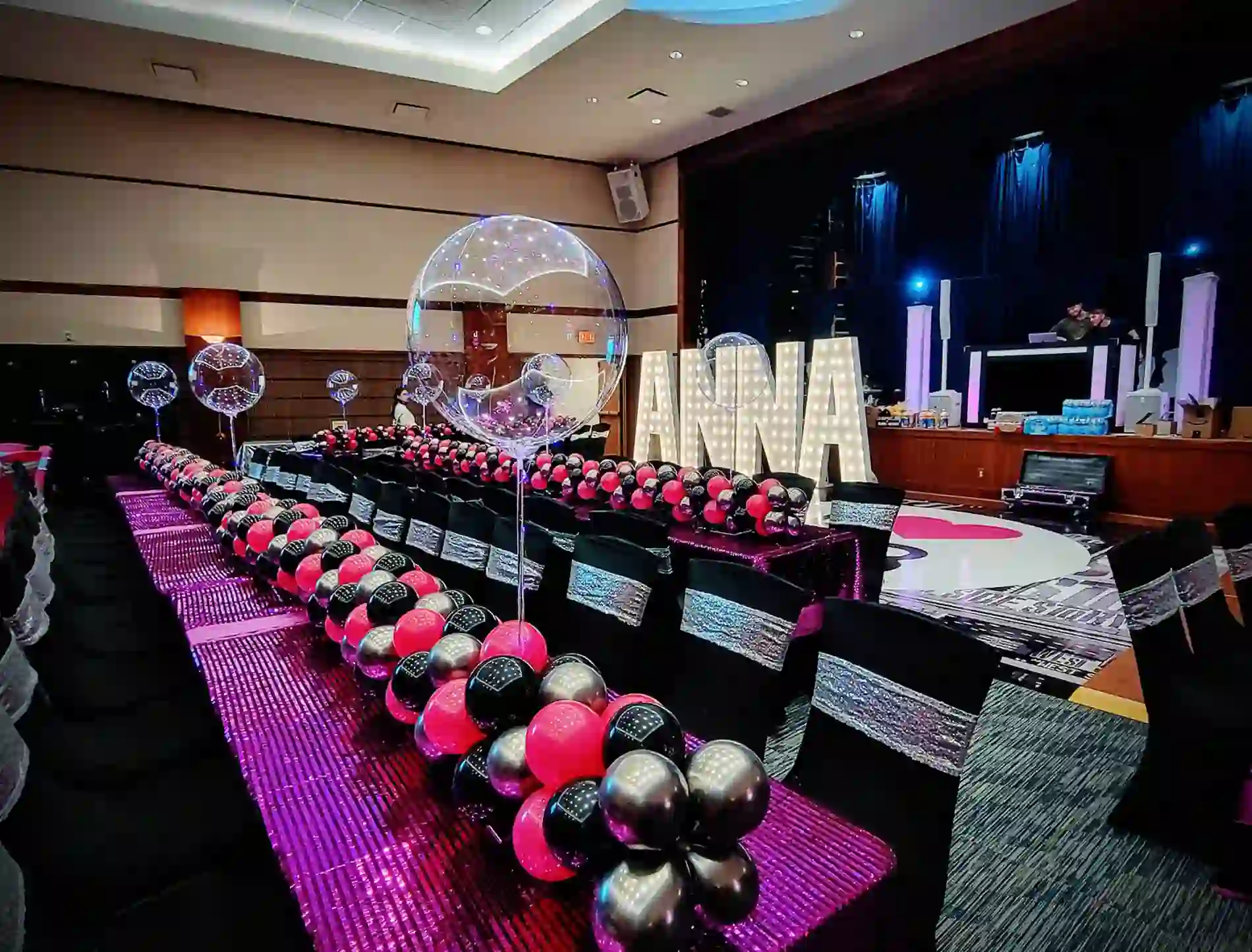 Birthday Marquee Letters For Rent in Nashville, TN with pink and black balloon décor for ANNA’s Bat Mitzvah at The Temple