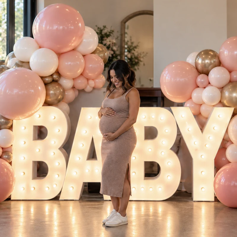 Pregnant woman posing in front of large BABY light-up marquee letters with pink balloons