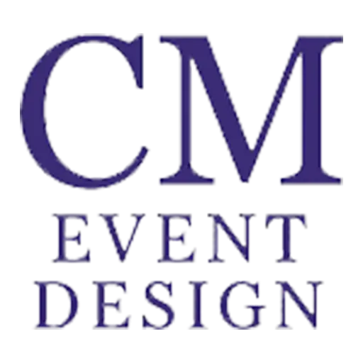 CM Event Design logo with elegant serif lettering in purple on a white background