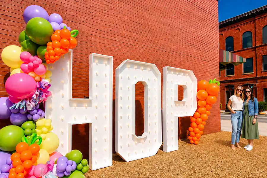 7-foot HOP marquee letters with colorful balloons in downtown Columbia, Tennessee
