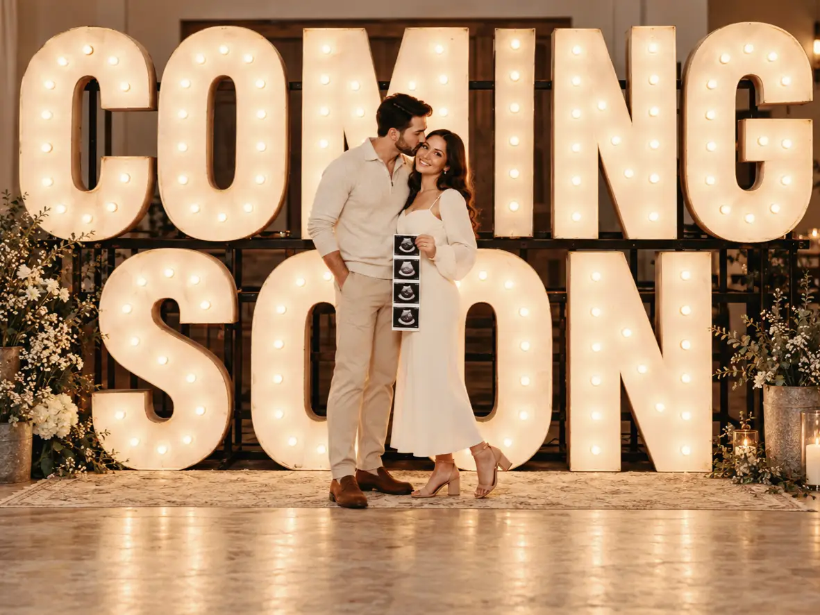 Expecting couple holding ultrasound photos in front of stacked COMING SOON light-up marquee letters.