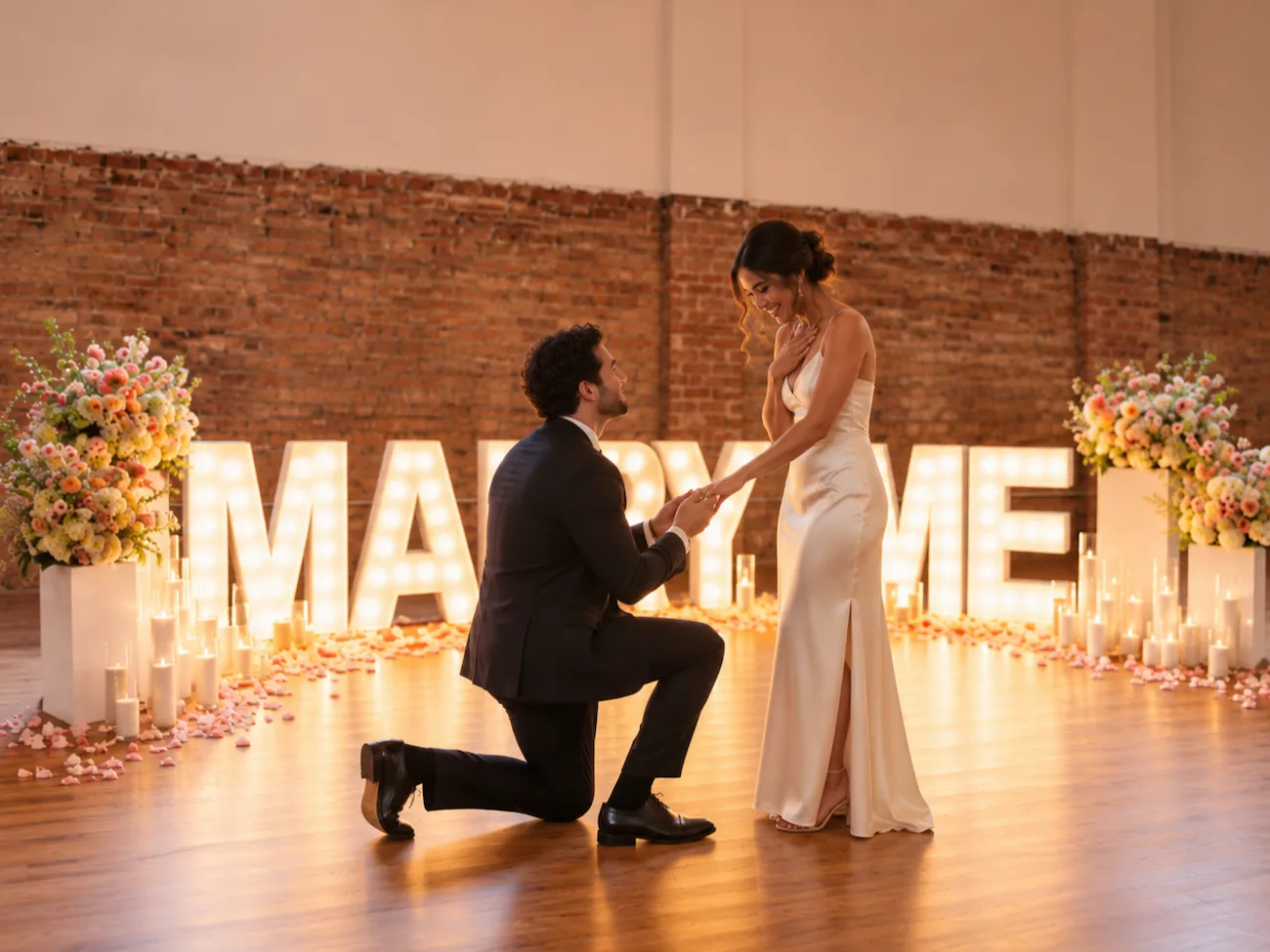 Outdoor Proposal Ideas – Man Proposing on One Knee with MARRY ME Light-Up Letters