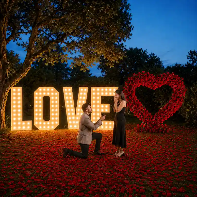 Couple proposing beside 7ft LOVE marquee letters and an 8ft red rose heart