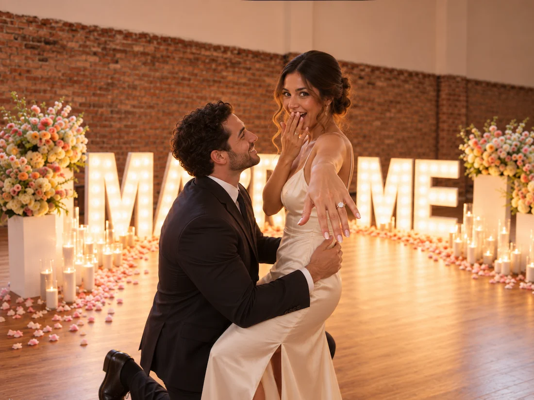 Couple embracing with the bride-to-be covering her mouth and showing her ring in front of 4ft MARRY ME letters with florals inside