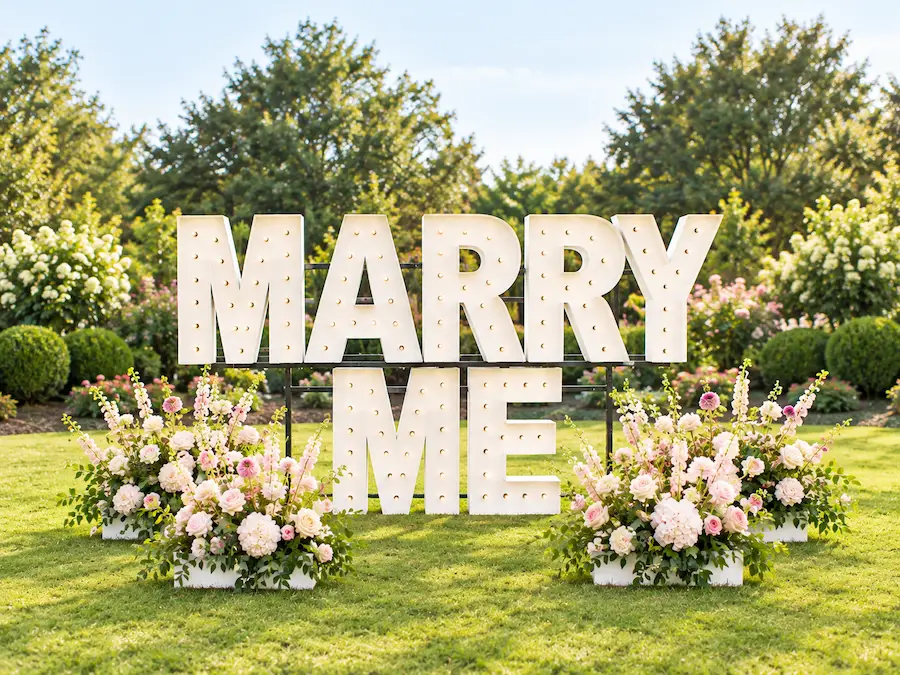 Stacked MARRY ME 4ft marquee letters with white florals for a backyard proposal in Brentwood Tennessee