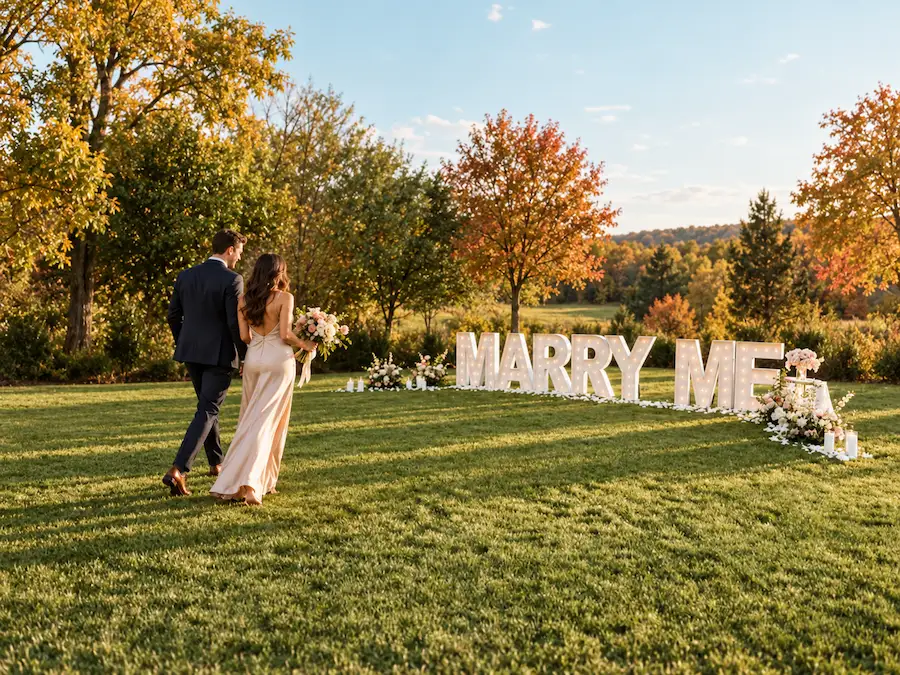 Couple walking toward MARRY ME marquee letters in a field during fall