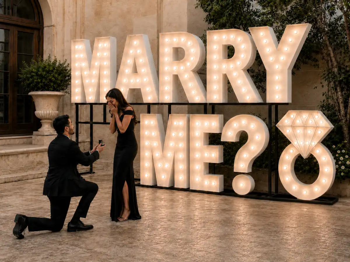 Couple proposal with giant MARRY ME marquee letters and illuminated diamond ring in Nashville