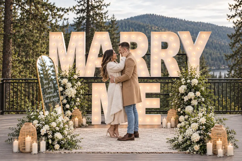 Couple standing beside stacked MARRY ME marquee letters with white florals in the Smoky Mountains