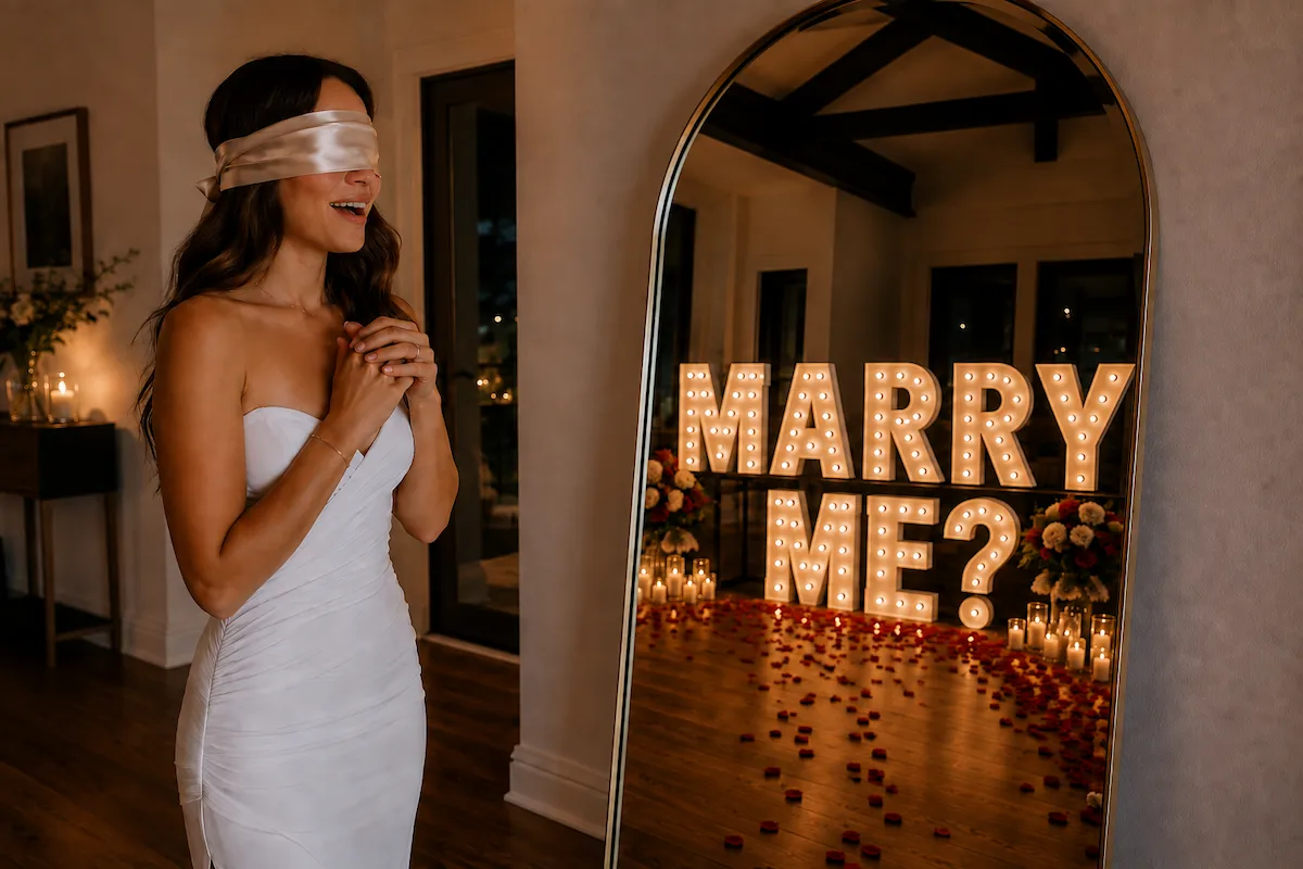 Blindfolded woman discovering MARRY ME light-up letters during a romantic surprise proposal