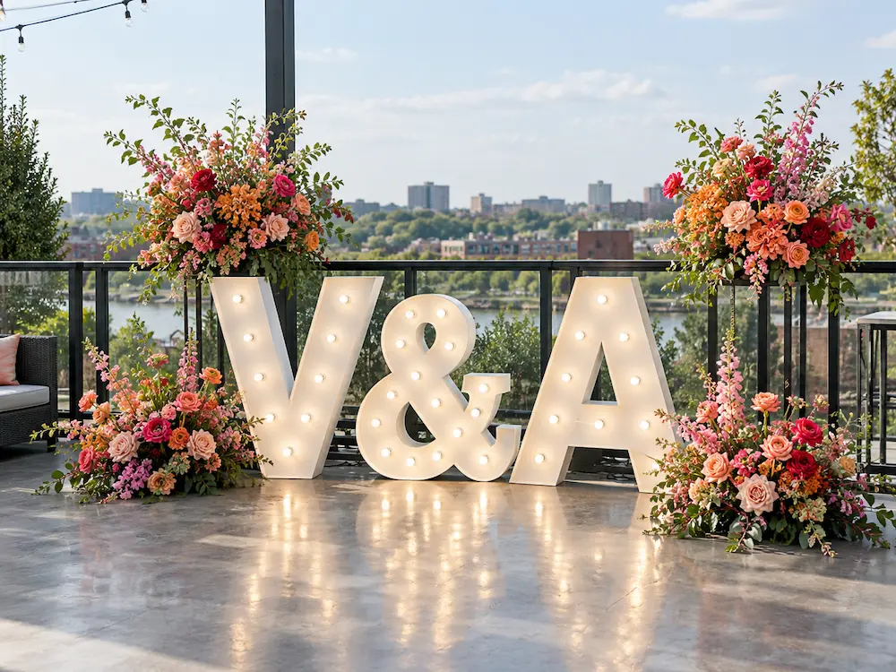 V and A marquee initials with florals set up at a restaurant in Nashville