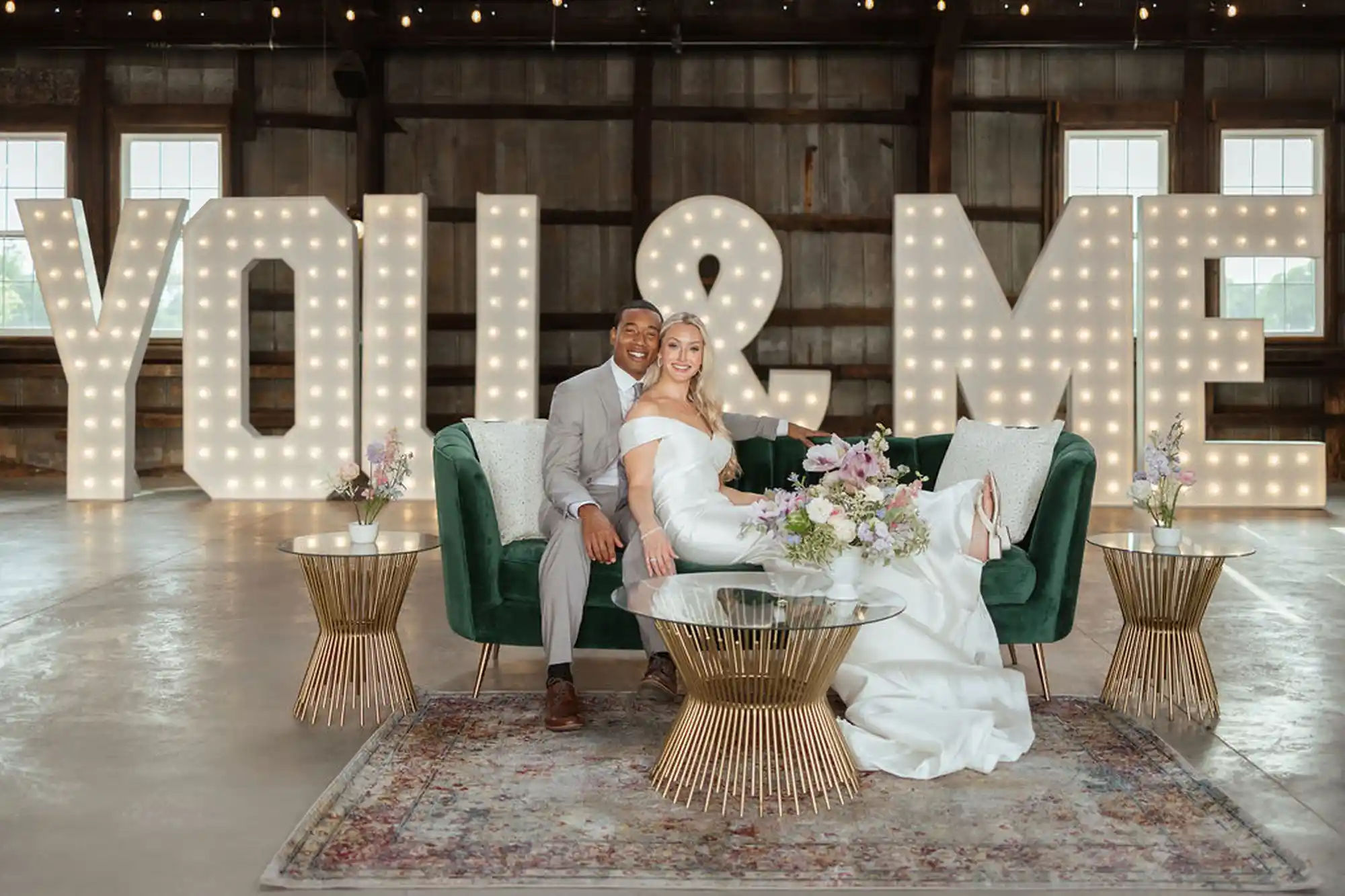 Bride and Groom with You and Me marquee letter rentals for weddings in Murfreesboro TN - marquee letter rental tennessee